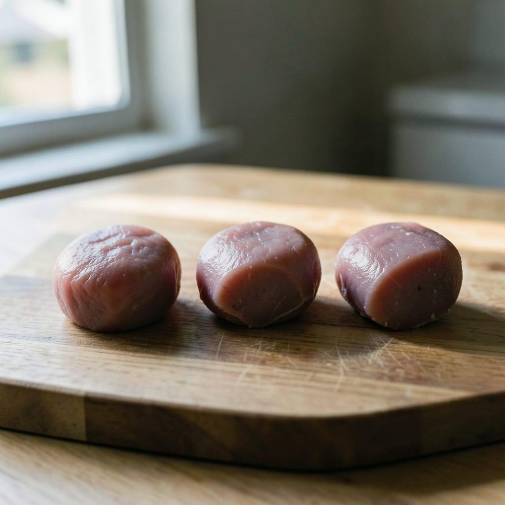Three chops of different thickness, ready to be tested